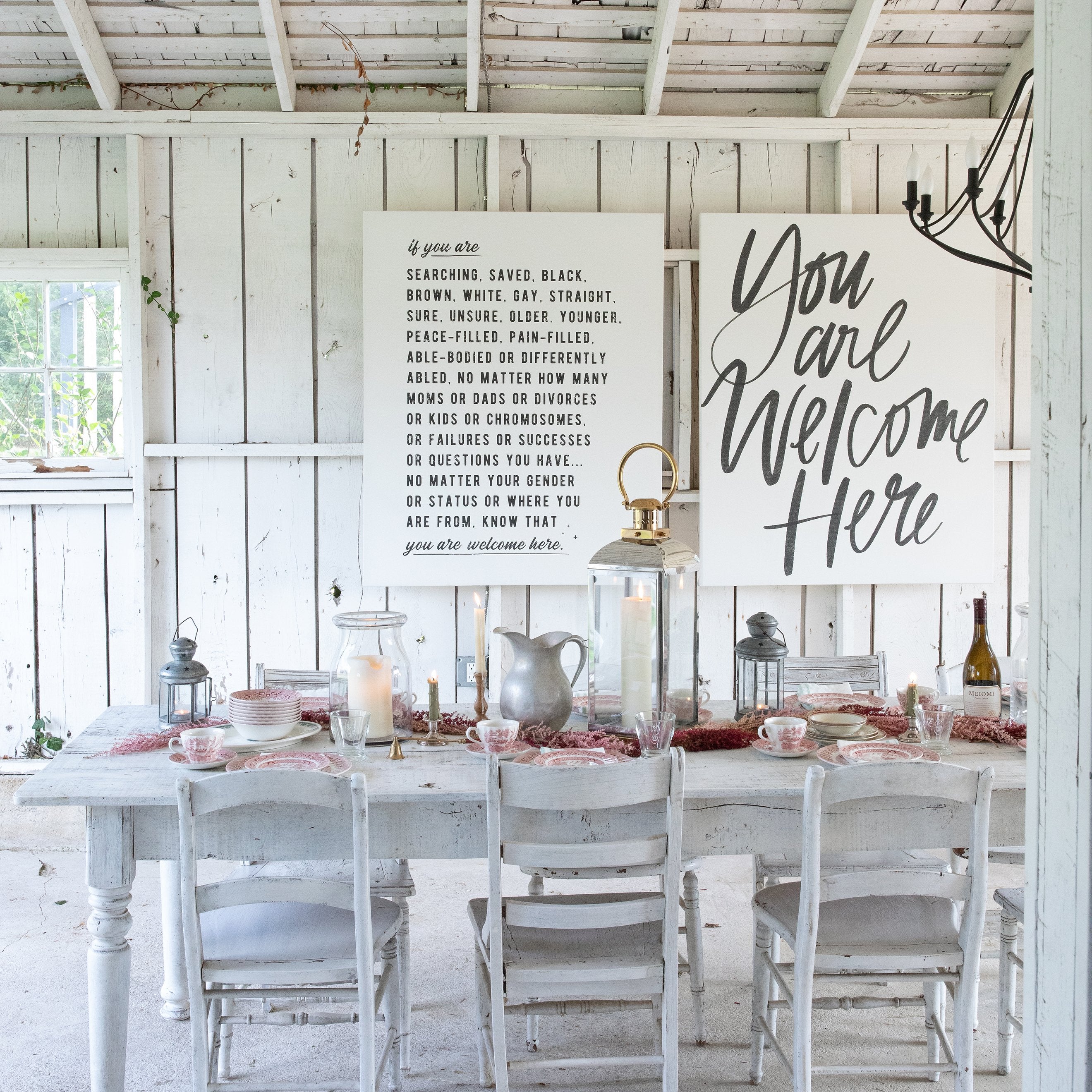 Unframed Welcome Here Manifesto Type & You Are Welcome Here Lettering unframed canvases in Alabaster, each sized 40 x 50