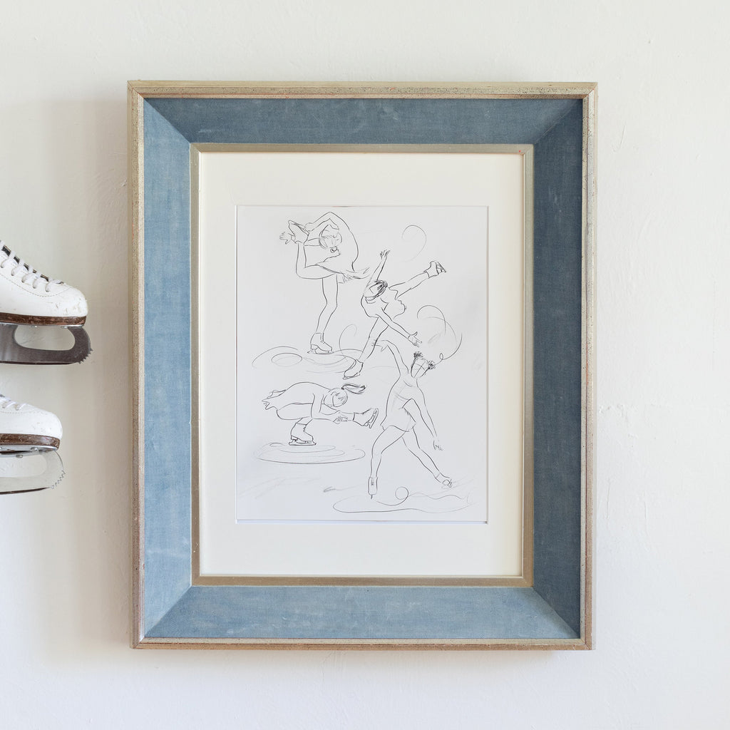 figure skater sketch art print on alabaster color background framed in vintage blue frame, size 16 x 20