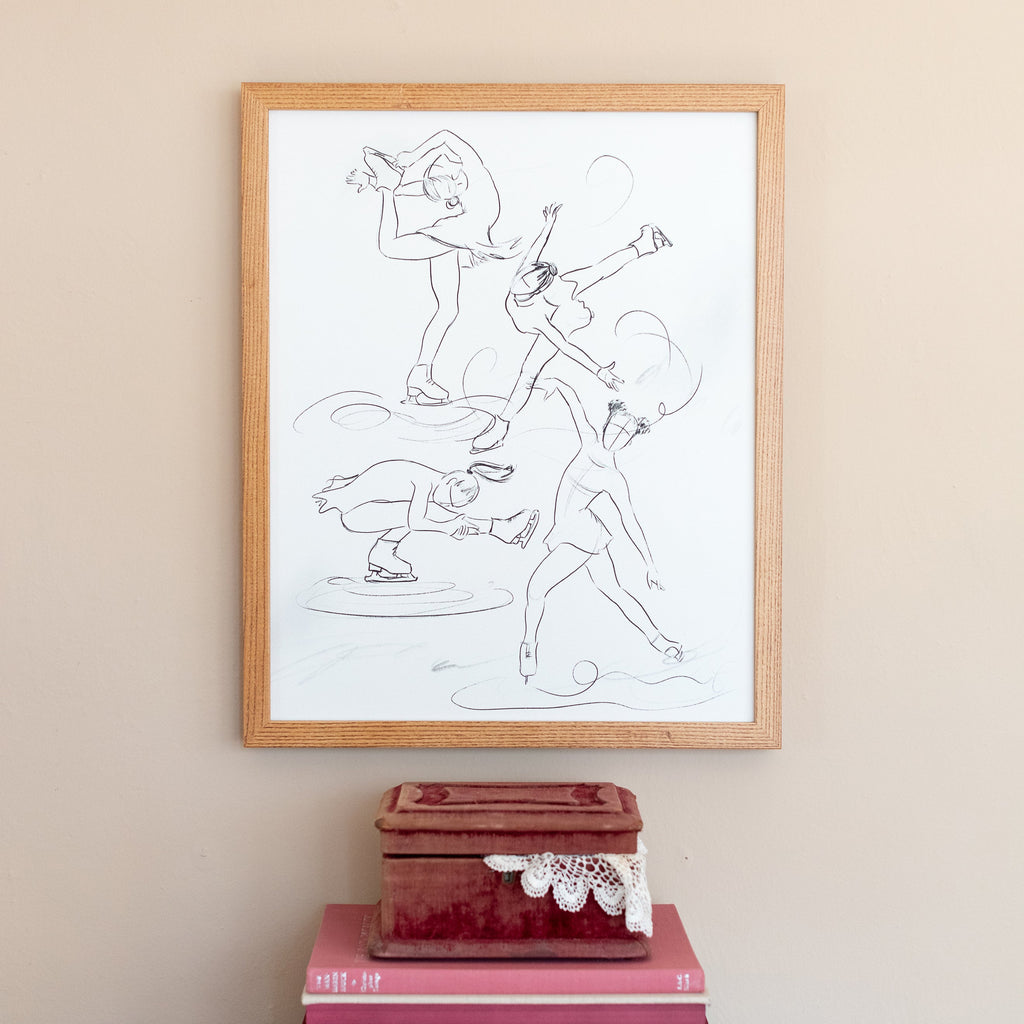figure skater sketch canvas framed in shaker oak, size 16 x 20