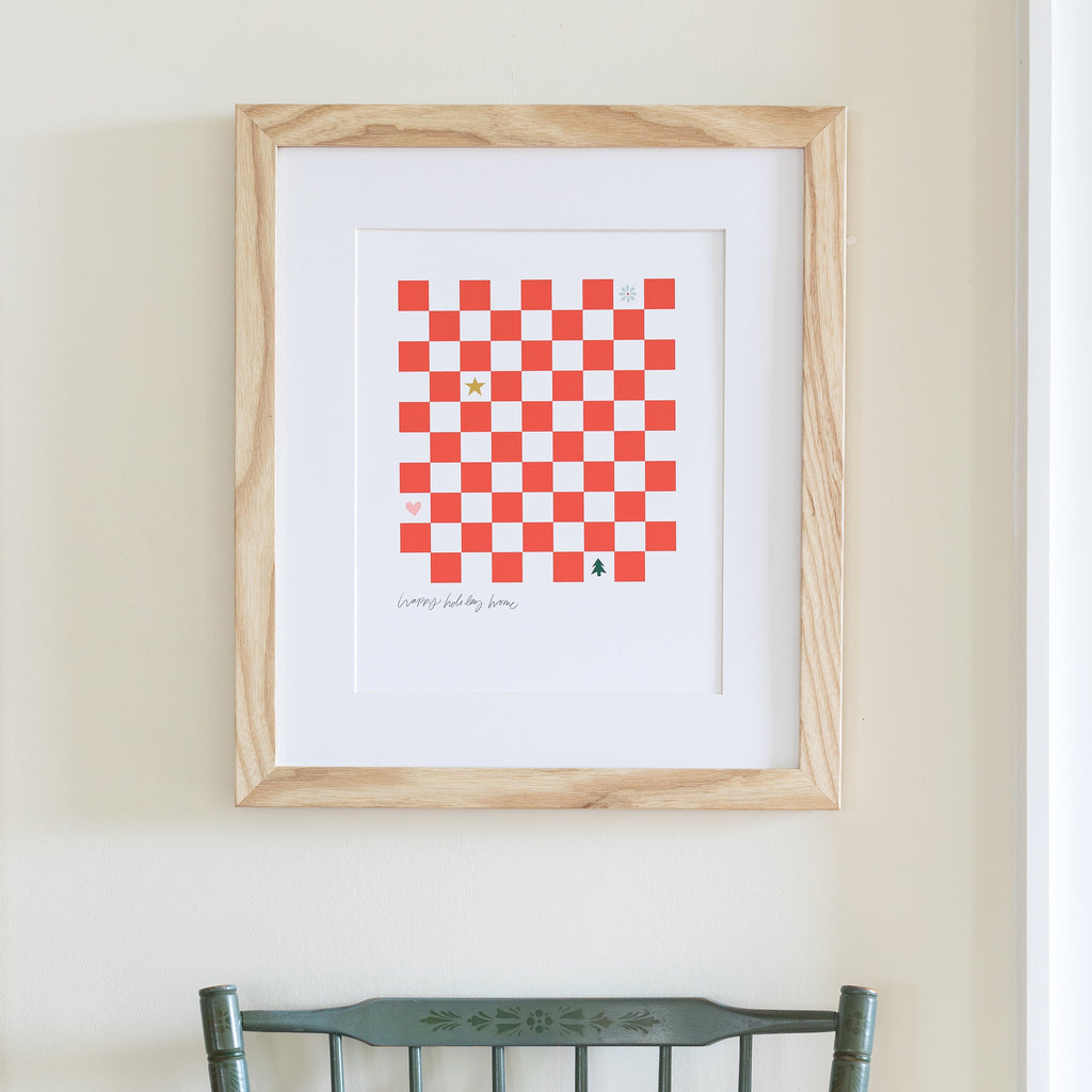 christmas quilt framed art print in natural wood, size 11 x 14