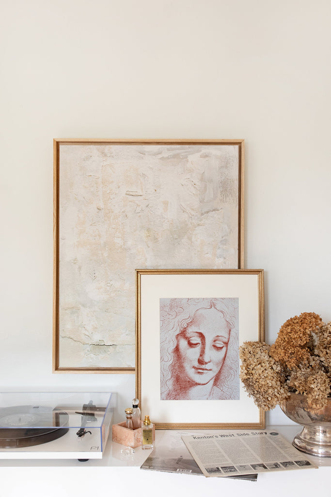 plaster apartment framed in gallery natural, size 24 x 30 & portrait of the young woman unframed art print in vintage frame, size 11 x 14