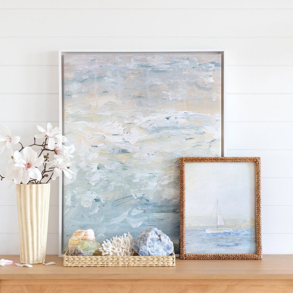 seaside framed in gallery white, size 24 x 30 & sail away unframed art print in custom frame, size 11 x 14