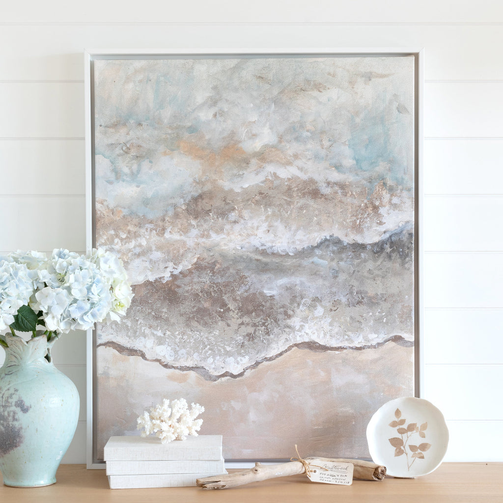 sandy shore framed in gallery white, size 24 x 30