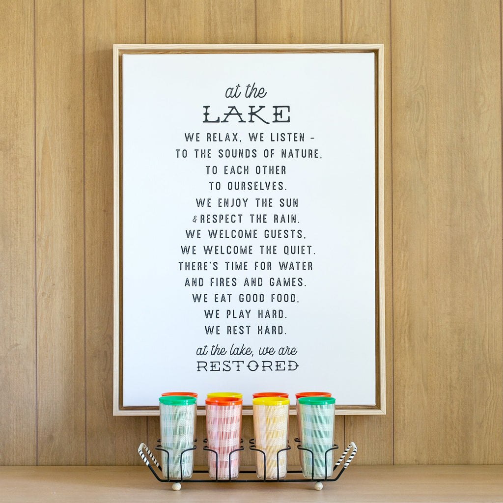 at the lake typography in alabaster framed in gallery natural, size 20 x 28