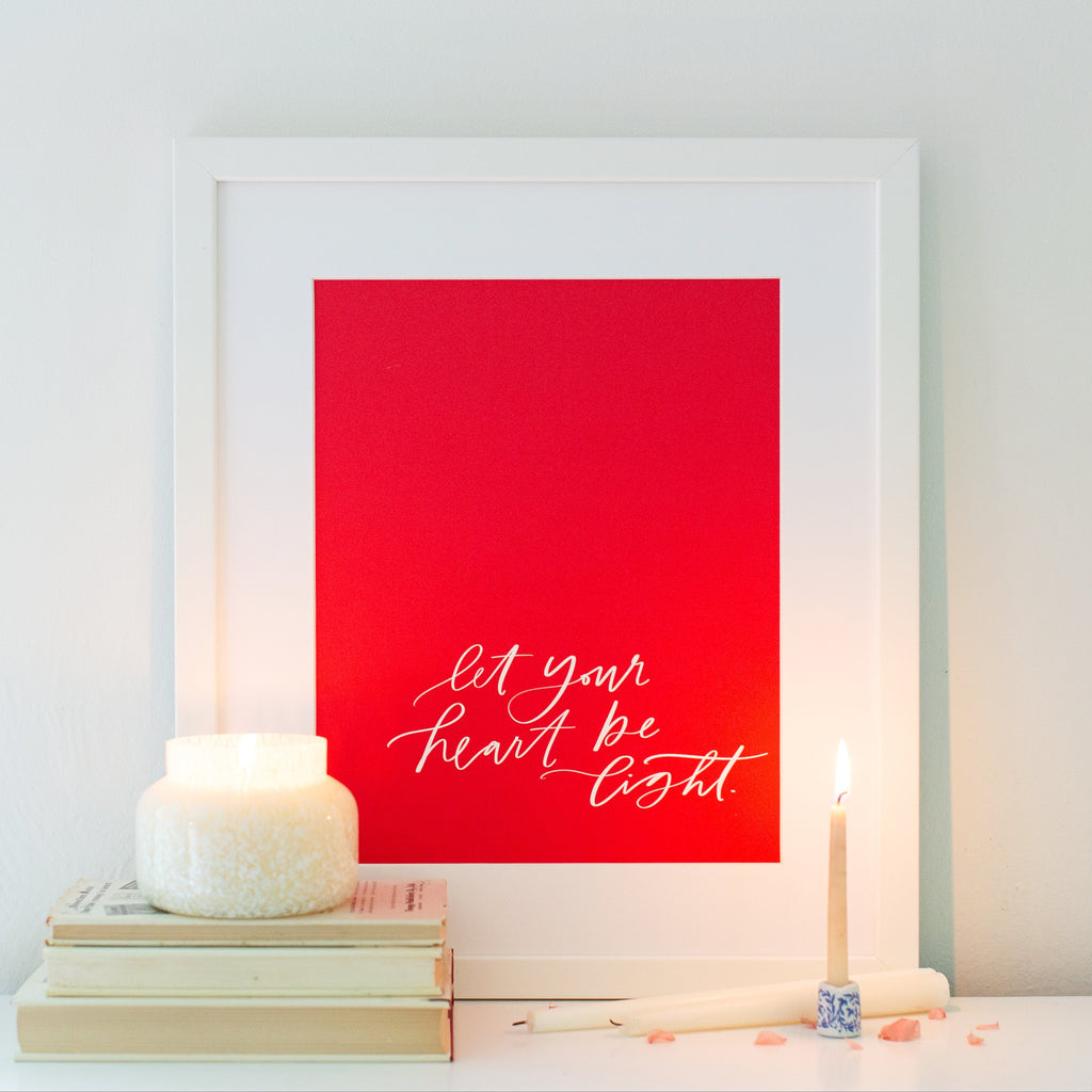 let your light be light in candy red in the white framed print, size 11 x 14