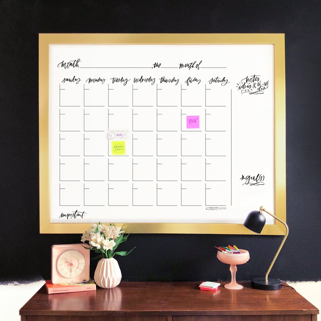 original monthly hanging wall calendar with modern gold frame, size 36 x 29