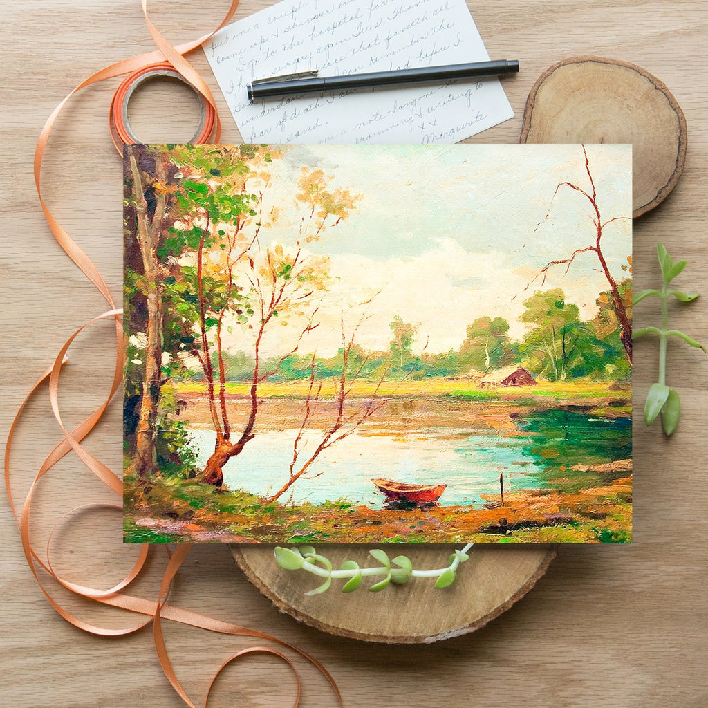 art print of canoe on a peaceful lake