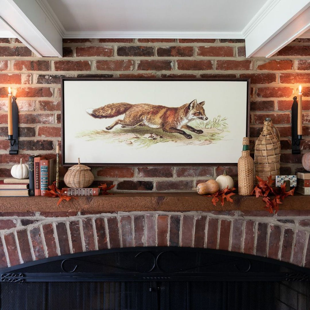 foxy on the run canvas framed in gallery walnut, size 40 x 18. photo courtesy of @inspiredbycharm.
