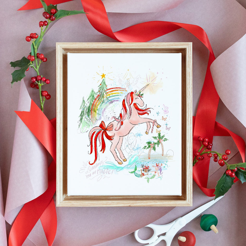 holly, the christmas unicorn framed in the gallery natural, size 11 x 14