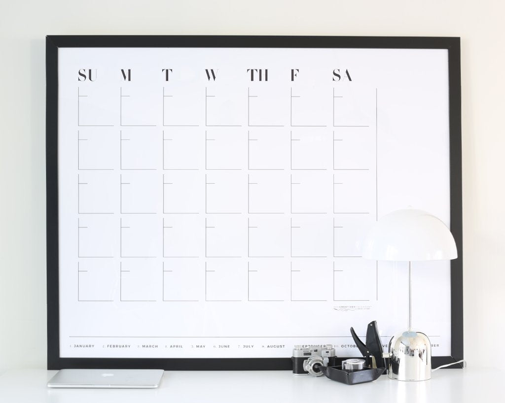 monthly typography creatives calendar in the classic black frame, size 36 x 29