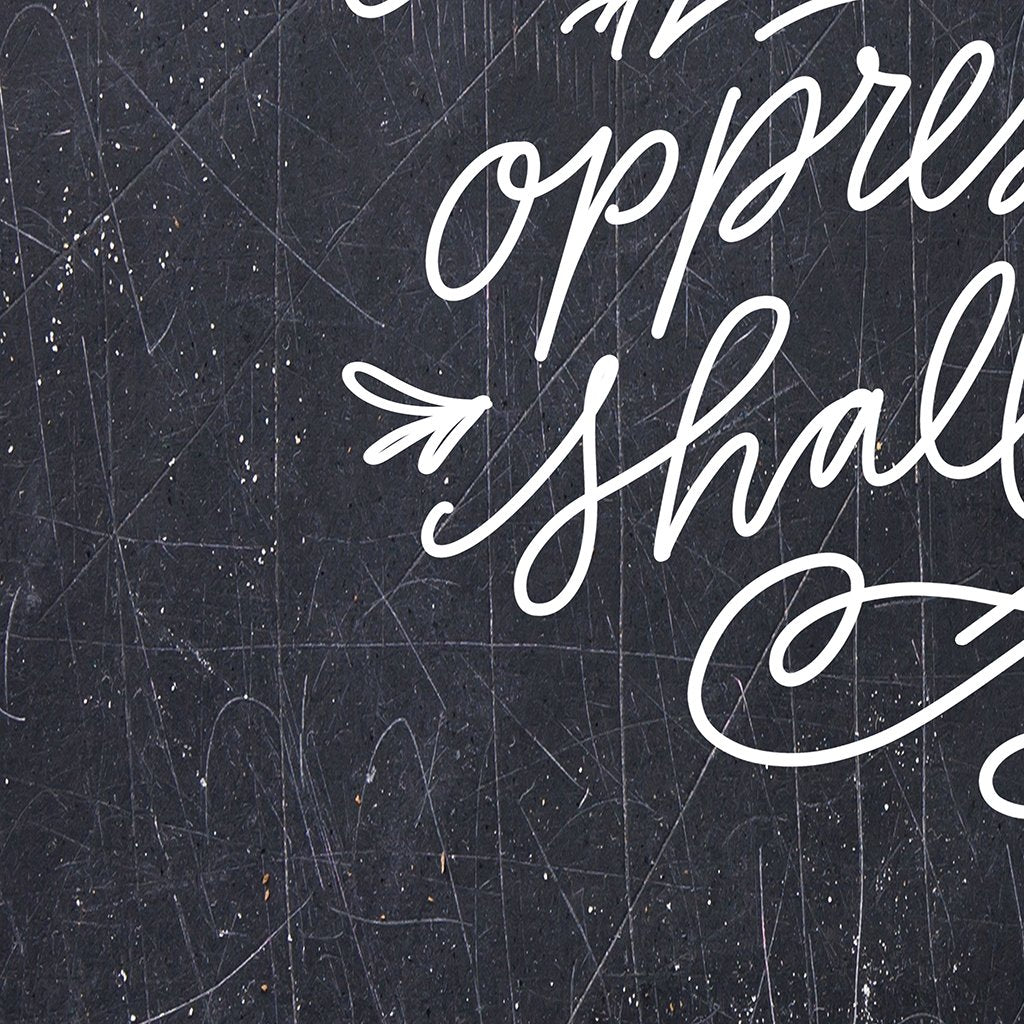 Design Details of All Oppression Shall Cease Farmhouse Canvas Sign on a Vintage Chalkboard Background