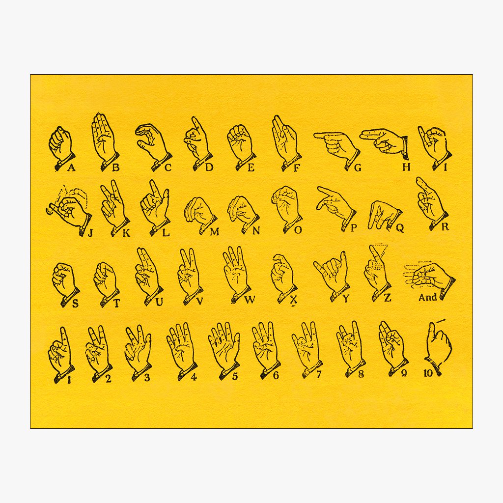 american sign language alphabet design in vintage yellow