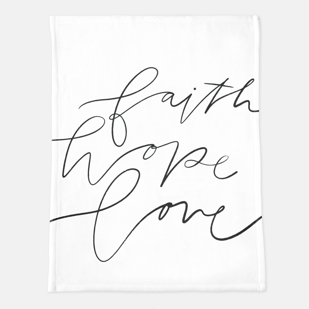 faith, hope, love blanket in white, size 60 x 80