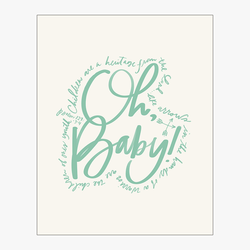 oh, baby! download with glass green lettering on alabaster background