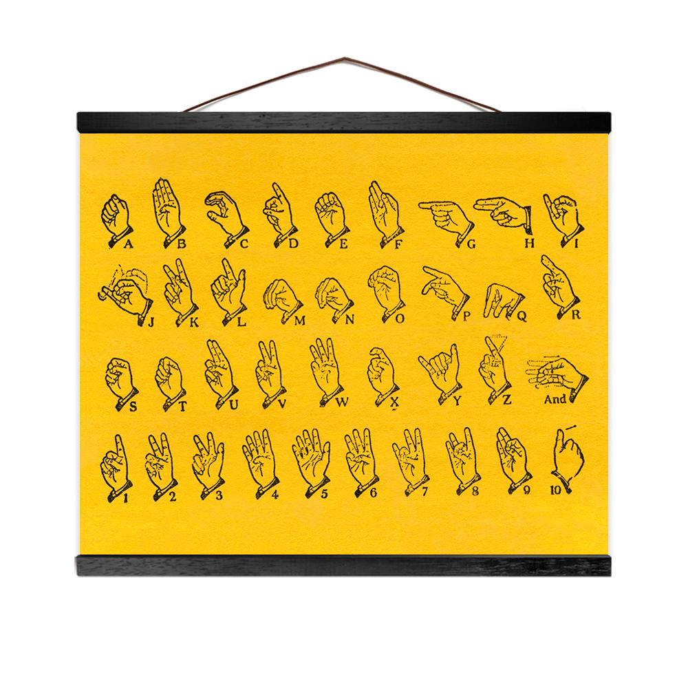 american sign language alphabet in vintage yellow with hanging canvas and kit in black