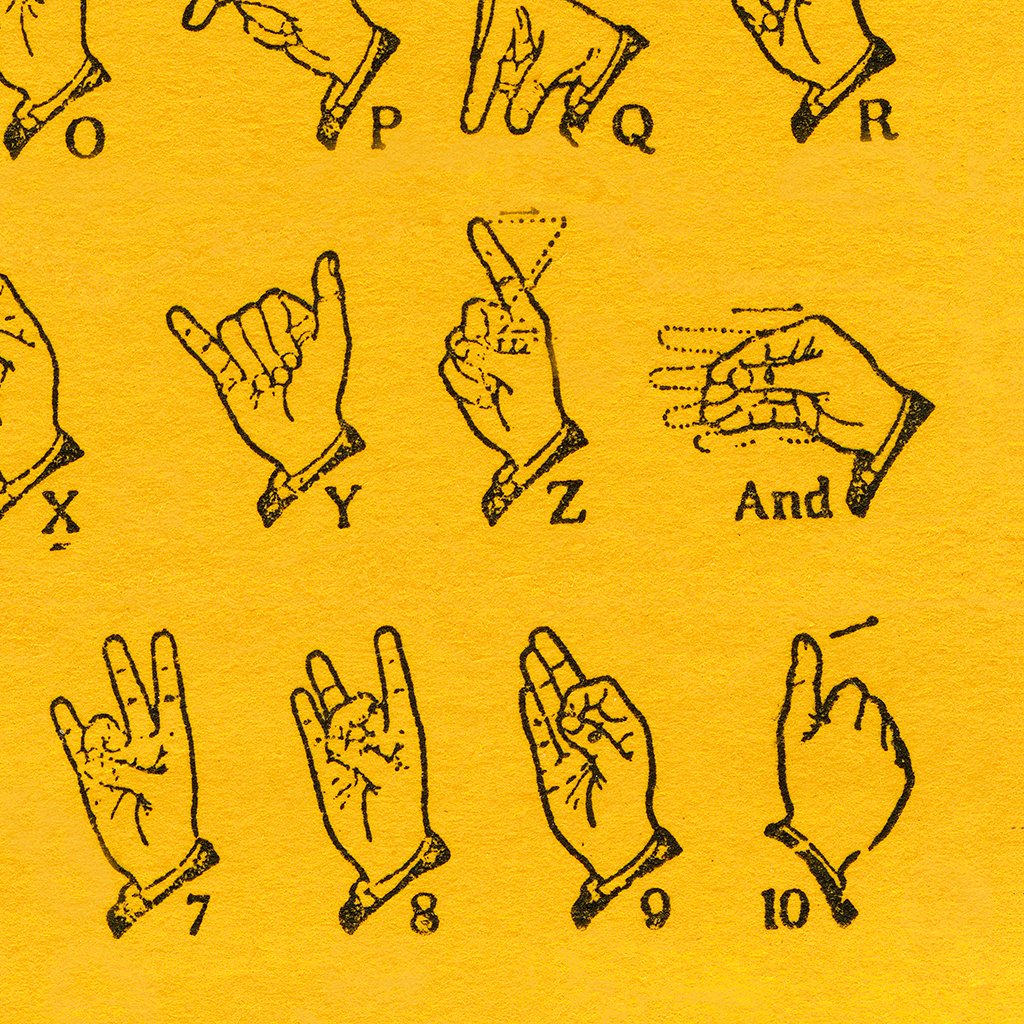 american sign language alphabet design details in vintage yellow