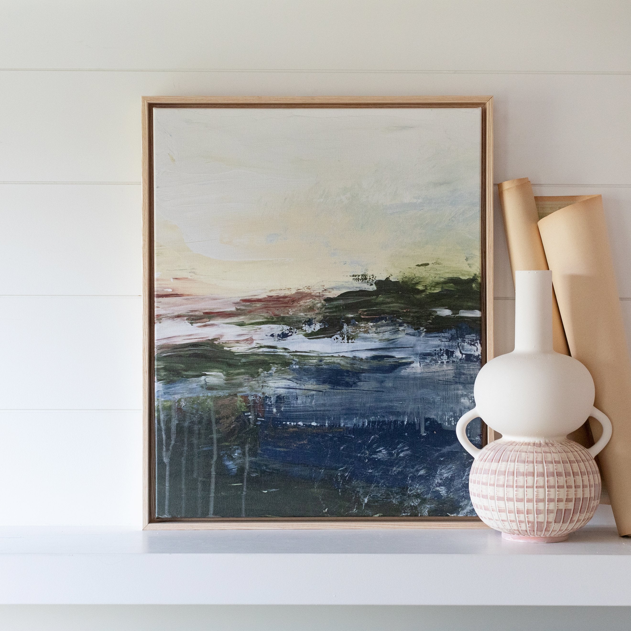 Knees To The Earth canvas framed in Gallery Natural, size 24 x 30