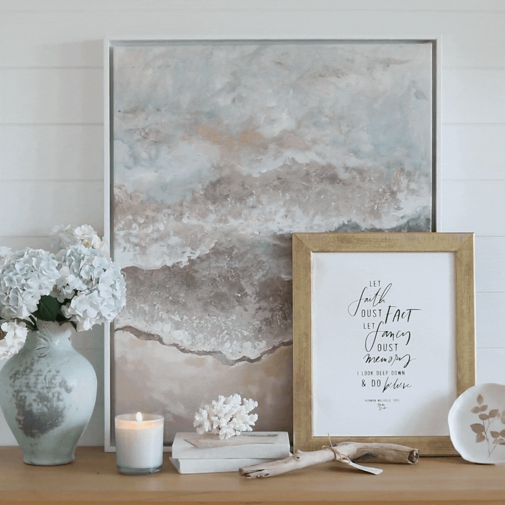 sandy shore framed in gallery white, size 24 x 30 & white moby dick unframed art print in vintage frame, size 11 x 14