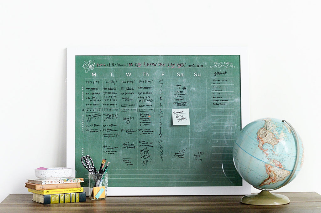 the weekly rhythm calendar in schoolhouse framed in classic white, size 30 x 24
