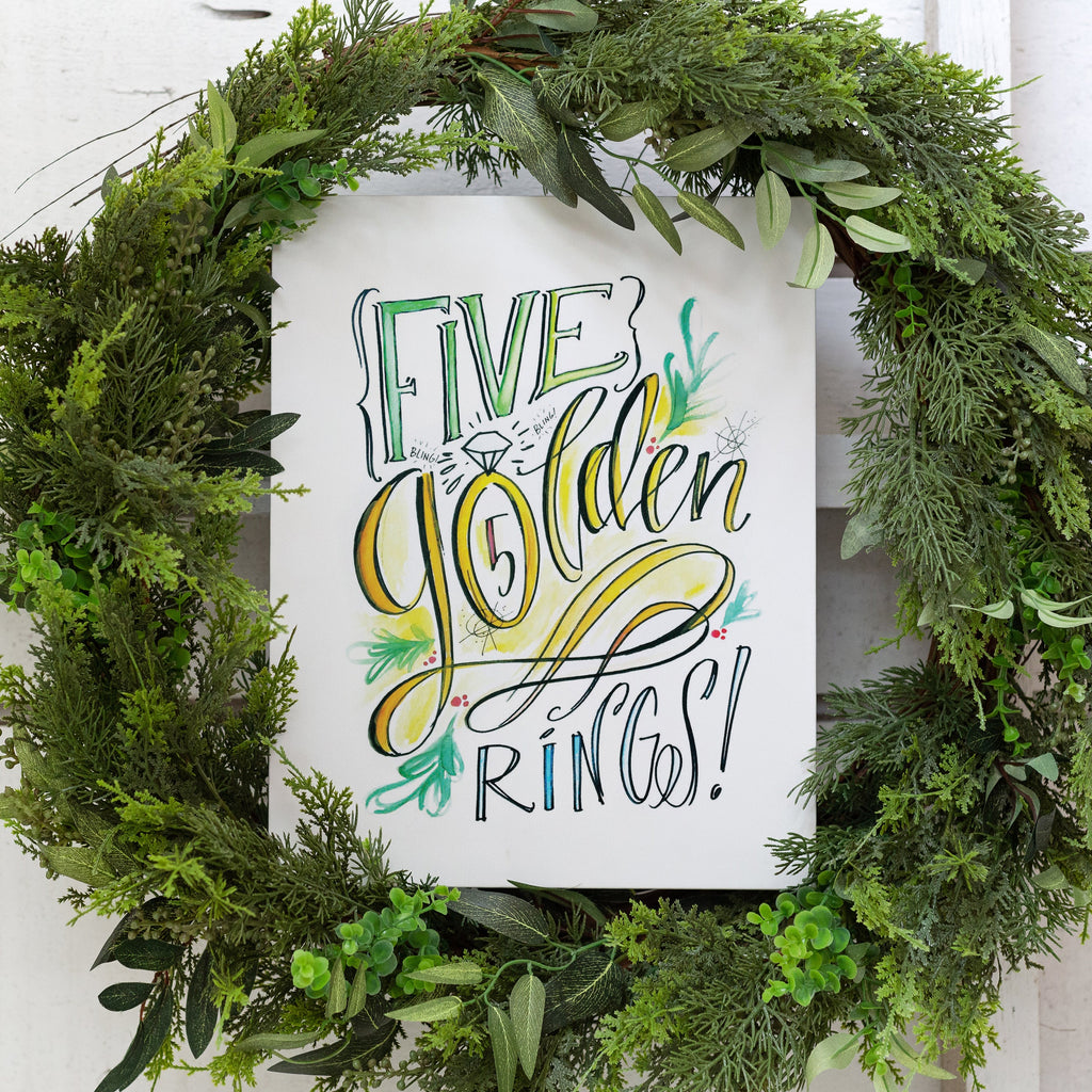 five golden rings, 5th day of christmas canvas sign, size 8 x 10