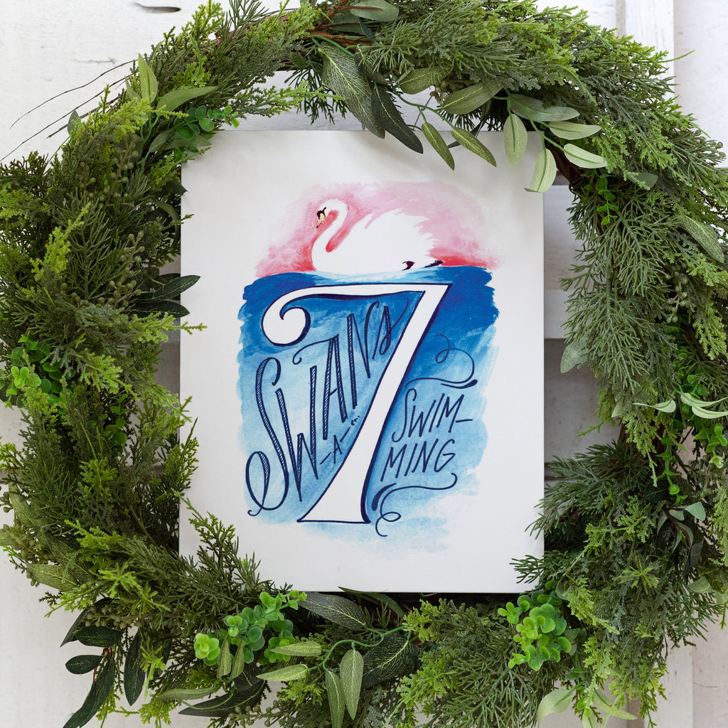 seven swans a swimming, 7th day of christmas canvas sign, size 8 x 10
