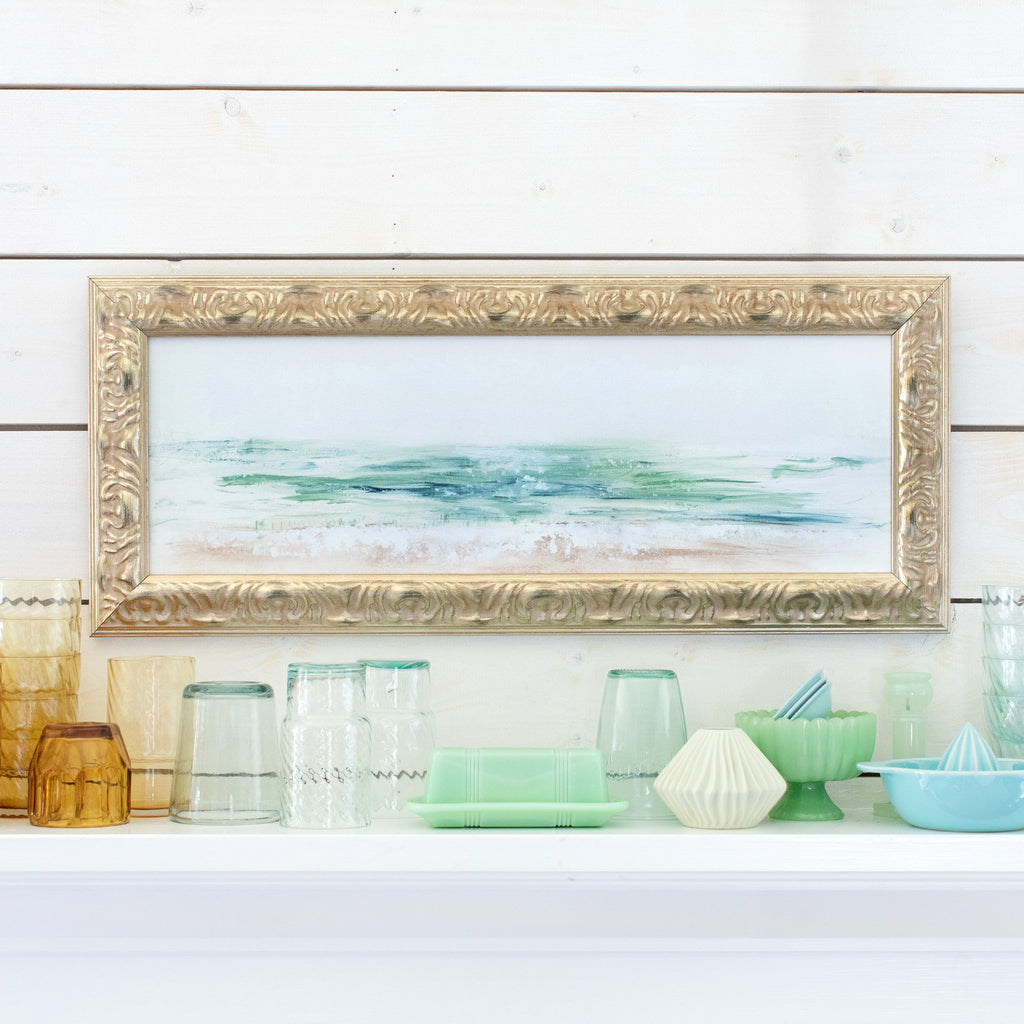 sea glass coast canvas framed in antique gold, size 24 x 8