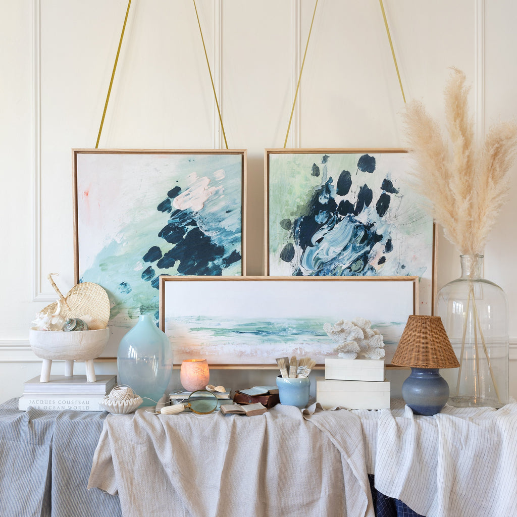 island storm & blue crush framed in gallery natural, size 30 x 38 with sea glass coast canvas framed in gallery natural, 48 x 16