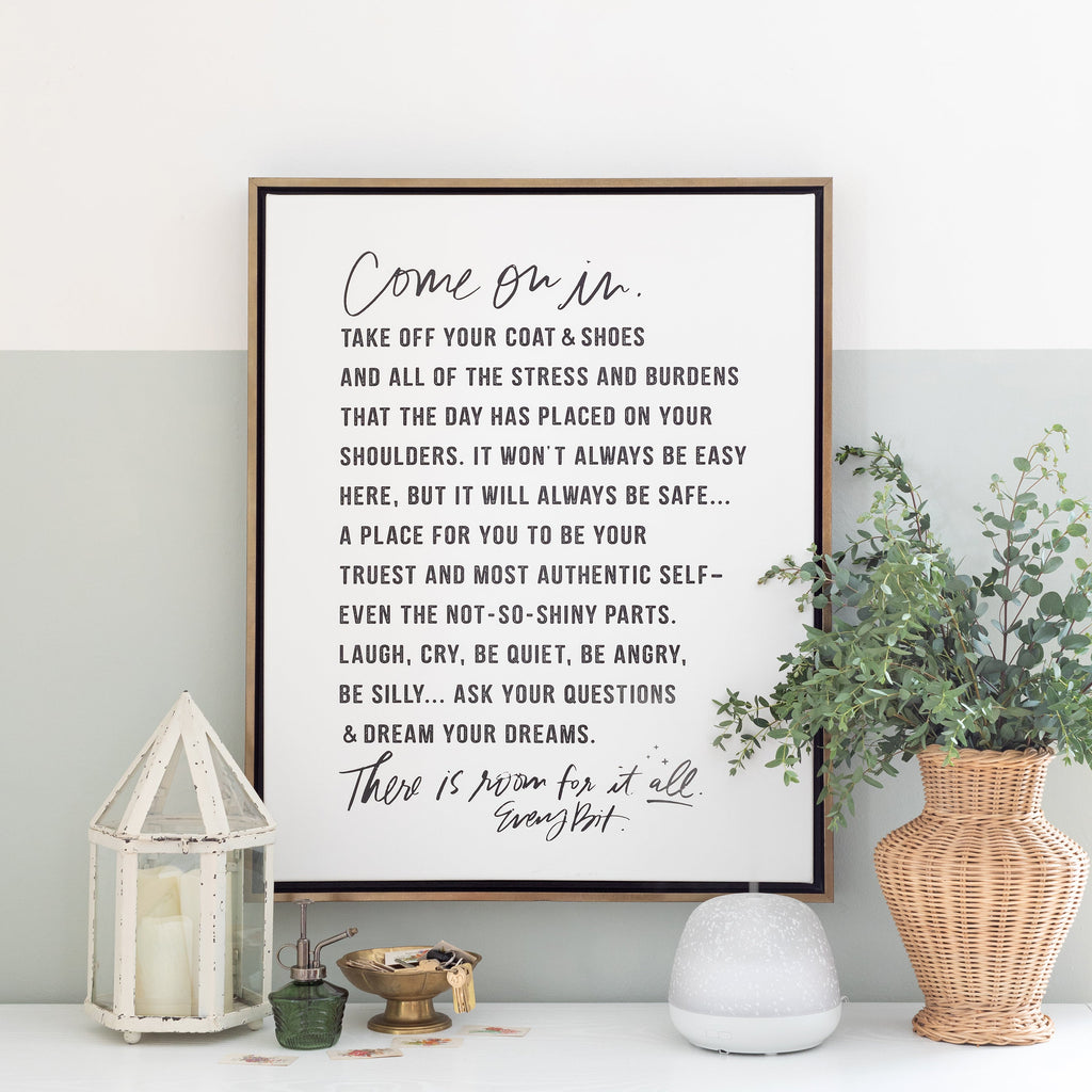 come on in manifesto typography in alabaster framed in gallery aged brass, size 24 x 30