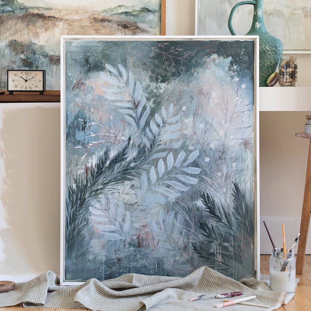 blossom & pine canvas framed in gallery white, size 30 x 38