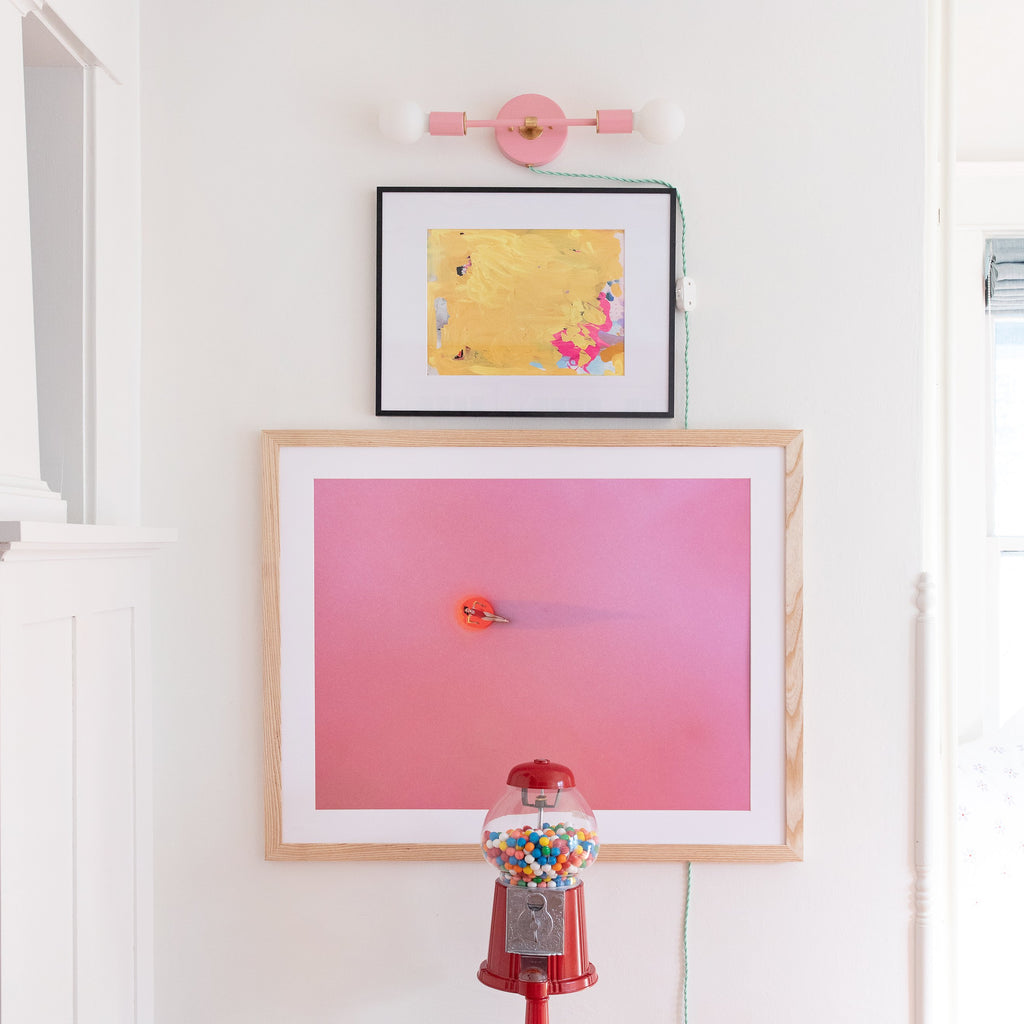 float on framed art print in natural wood, size 30 x 24. shown with chin up, buttercup! art print, size 14 x 11