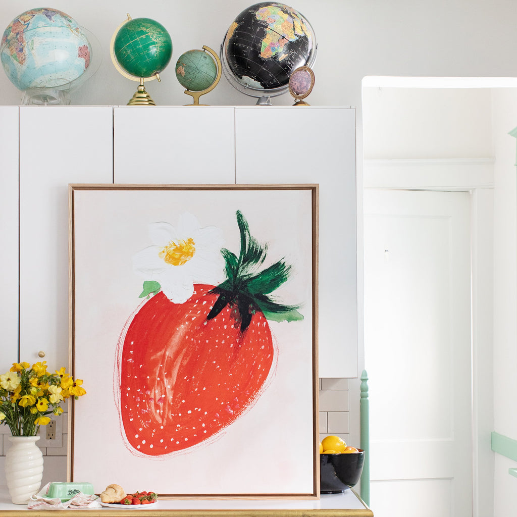 strawberry on blush canvas framed in gallery natural, size 30 x 38