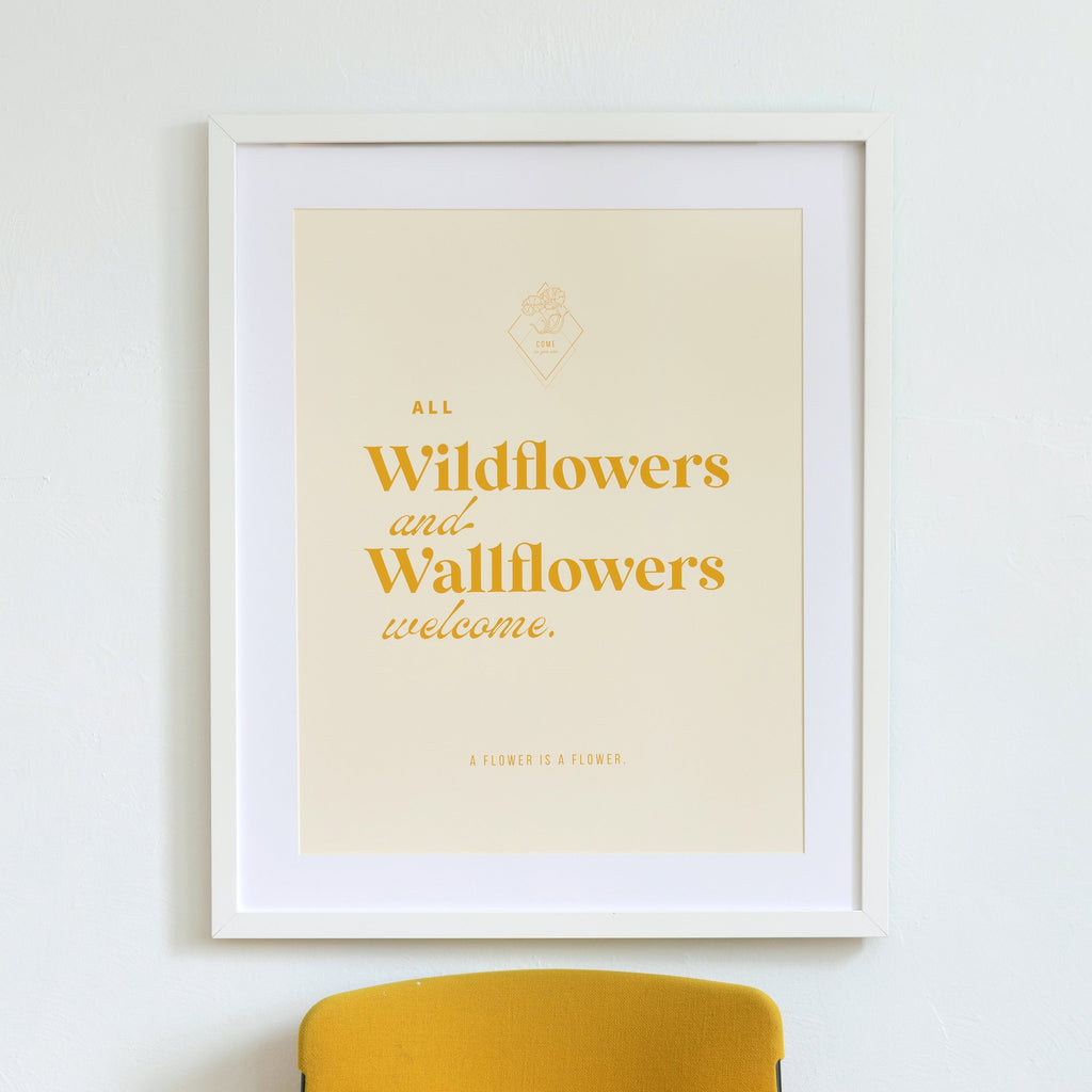 wildflowers & wallflowers in mustard & buttercream framed in simple white, size 20 x 24