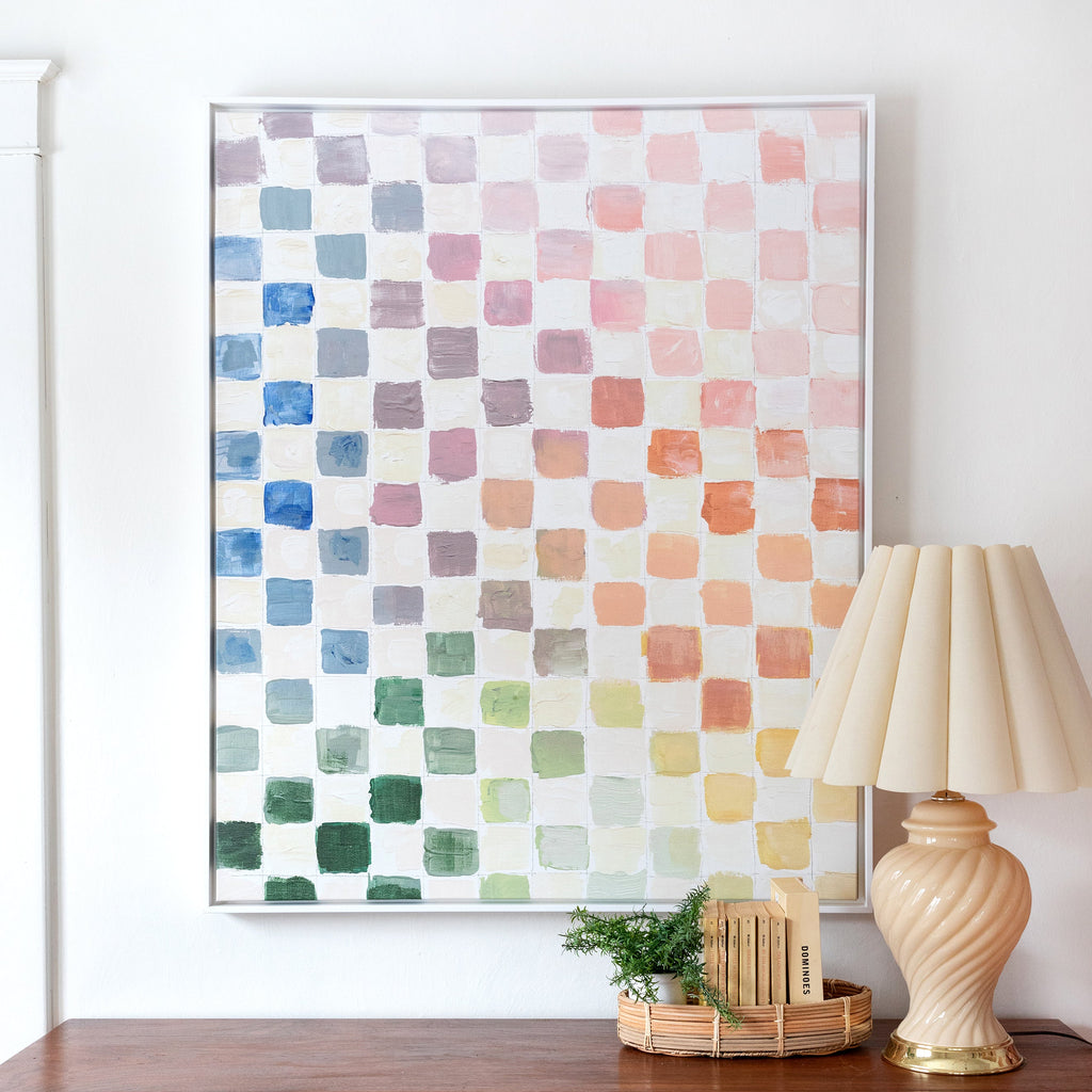 rainbow checks canvas framed in gallery white, size 40 x 50