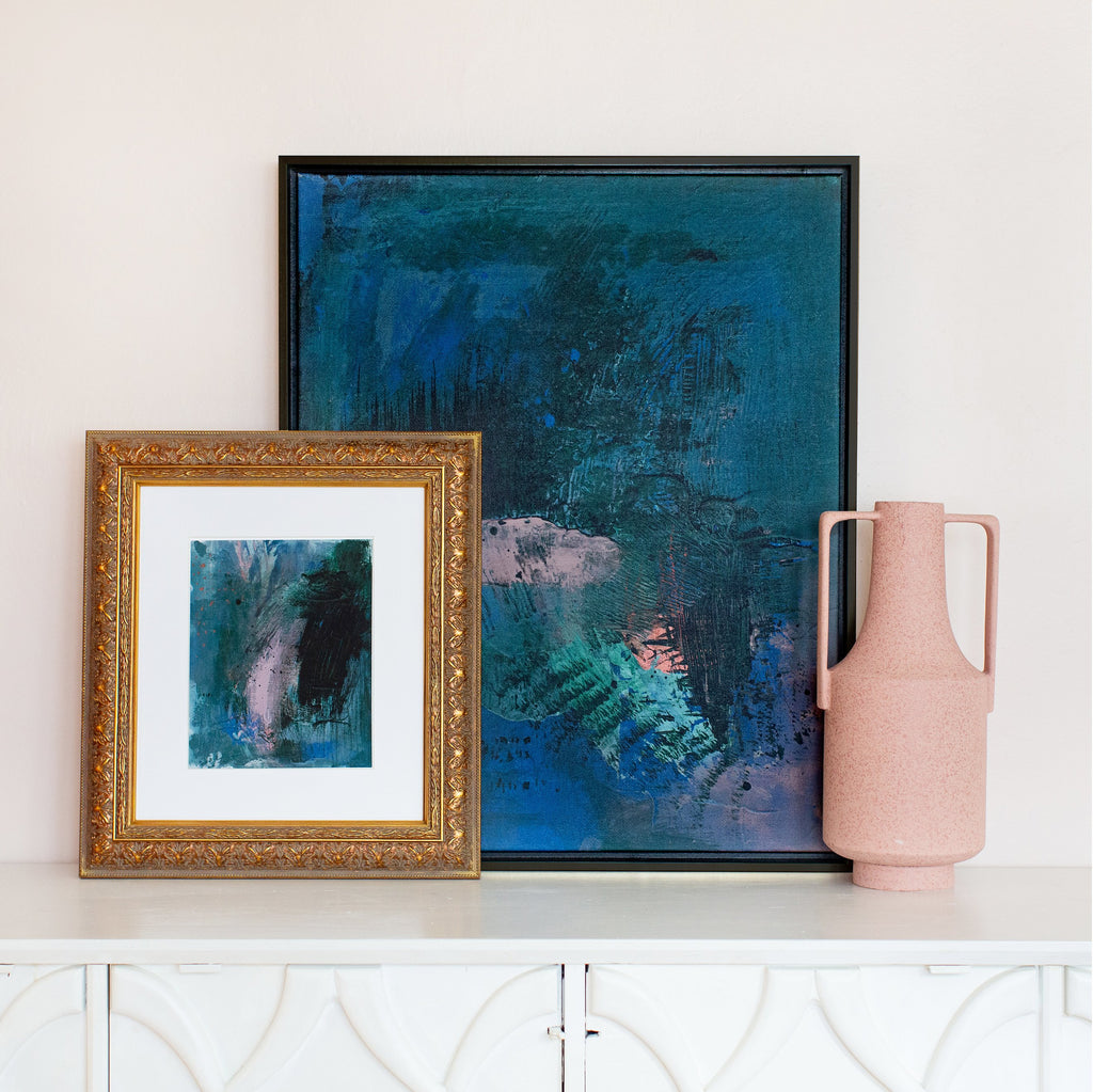 forest blue velvet framed print in regency gold, size 11 x 14 with poppy blue velvet canvas framed in gallery black, size 24 x 30