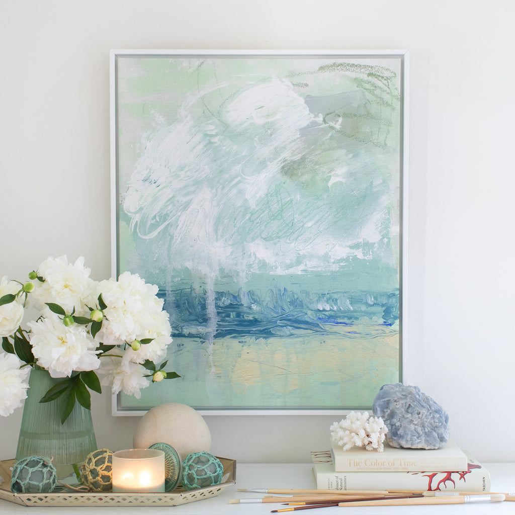 coconut beach canvas framed in gallery white, size 24 x 30