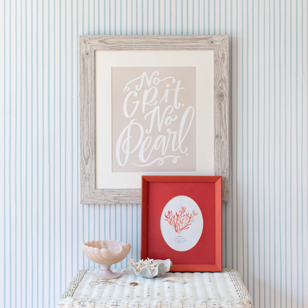 no grit, no pearl in putty framed print in coastal white, size 11 x 14. red coral mini art print in vintage frame, size 8 x 10.
